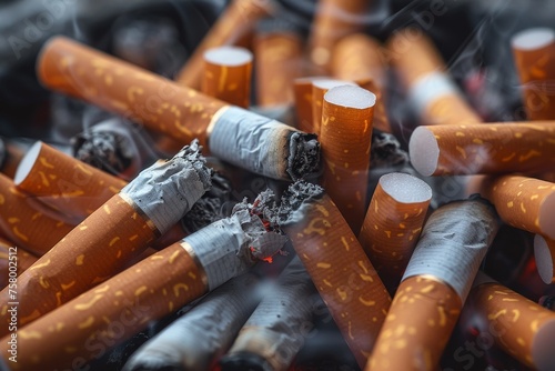 A high-resolution image showing a cluster of extinguished cigarettes with visible filters and ashes photo
