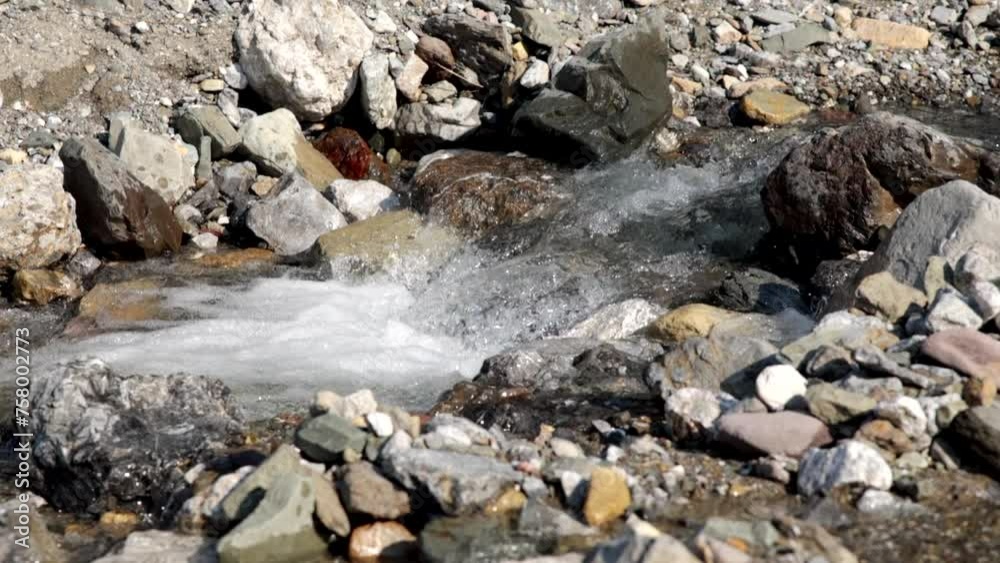 ripresa video in tempo reale, di un ruscello di montagna visto a livello del terreno e di lato, mentre l'acqua limpida e fresca scorre rapidamente tra i sassi e le rocce ripresa video in tempo reale, di un ruscello di montagna visto a livello del terreno e di lato, mentre l'acqua limpida e fresca scorre rapidamente tra i sassi e le rocce