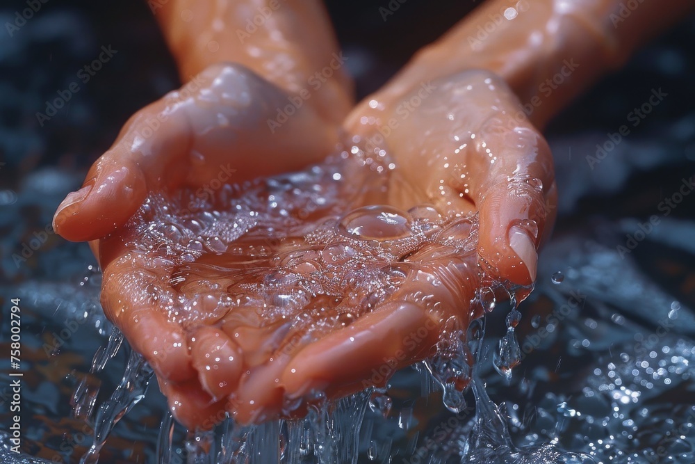 Fototapeta premium Sharp image featuring human hands catching glistening water droplets in a dark, moody environment