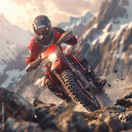 arafed motorcyclist riding on a rocky trail at sunset photo