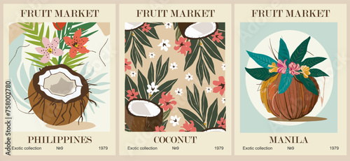 Set of abstract Fruit Market retro posters. Trendy kitchen gallery wall art with Coconut fruits. Modern naive groovy funky interior decorations, paintings. Vector art illustration. 
