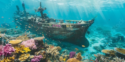 Shipwreck and coral reef its wooden structure home to myriad of sea life - Water and colorful coral contrast with the decaying ship, symbolizing nature reclaiming created with Generative AI Technology