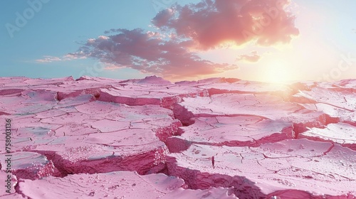 A parched earth cracking, underlining climate change impacts, against a minimalistic pastel desert backdrop.