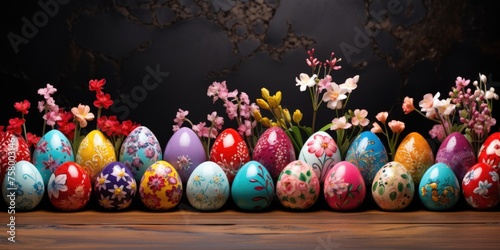 Row of colorful Easter eggs painted and displayed on a rustic wooden table. photo