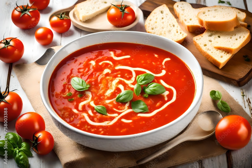 A delicious fresh tomato soup is served in a white bowl, creating a bowlful of freshness with tomato bliss on a wooden cutting board A delicious fresh tomato soup is served in a white bowl, creating a bowlful of freshness with tomato bliss on a wooden cutting board