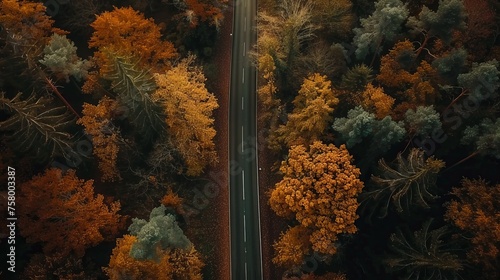 Asphalt road in perfect autumn forest, drone footage © Andrii