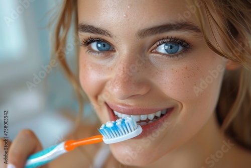 A vibrant and cheerful young woman brushes her teeth, showcasing a healthy lifestyle and personal care routine