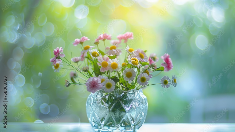 Bouquet of wildflowers in glass vase. Spring background. Bouquet of wildflowers in glass vase. Spring background.