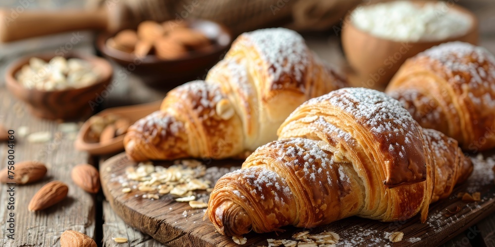 A plate of croissants with powdered sugar on top