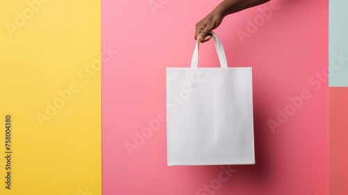 Person holds a white shopping bag, empty mockup template for finished products on colorful wall