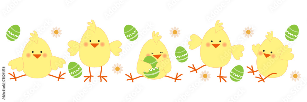 Fototapeta premium Set of cute Easter chicks with eggs in a flat style. Vector illustration isolsted on white background