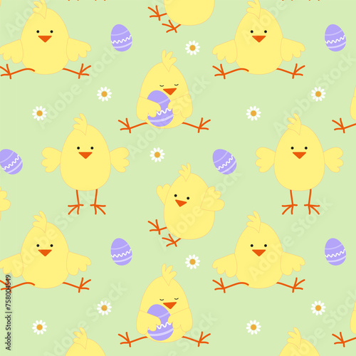 Easter chicks with eggs. Seamless pattern.