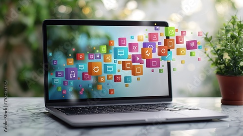 Information technology icons flying around the laptop, topics for study, education, communication and training and digital addiction