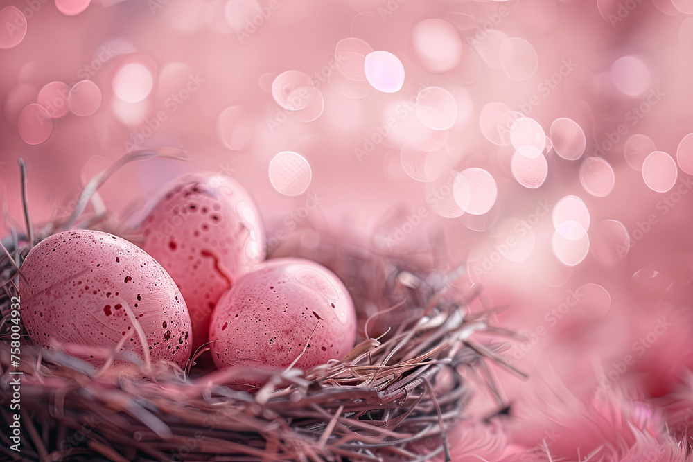 pink easter eggs in nest with soft bokeh background pink easter eggs in nest with soft bokeh background