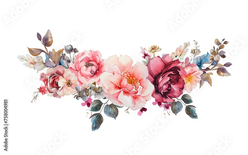 Watercolor floral crown with pink peonies isolated on white background. Spring flowers wreath