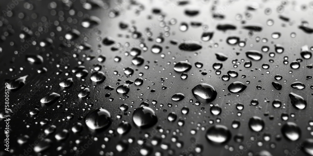 The image is a close up of raindrops on a surface