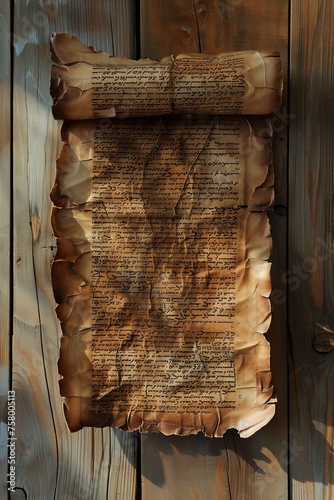 Old manuscript, parchment. text in Hebrew. ancient scroll. generative ai photo