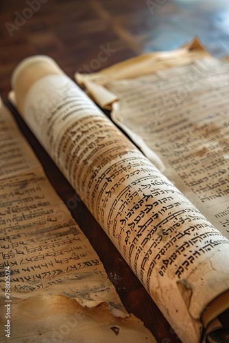 Old manuscript, parchment. text in Hebrew. ancient scroll. generative ai