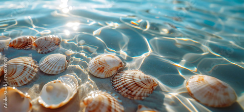 Seashells in clear sea water on a sandy beach in the sunshine. Summer and travel concept banner.