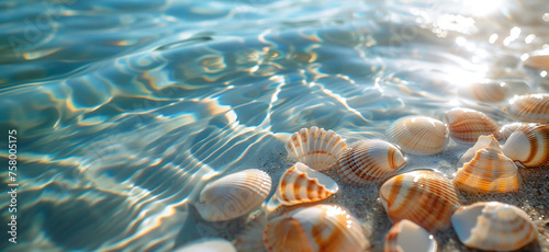 Seashells in clear sea water on a sandy beach in the sunshine. Summer and travel concept banner.