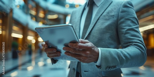 A businessman holding a digital tablet, working in a modern office, using technology for business communication.