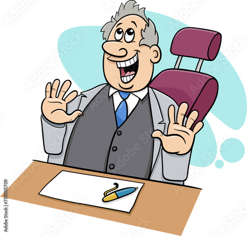 happy cartoon boss or businessman behind the desk