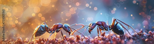Male and female ants working together on a pastel blurred ground, showcasing industry and equal contribution. photo