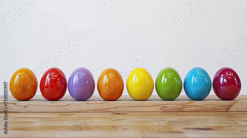 colorful Easter eggs arranged in a row on a wooden table against a white background