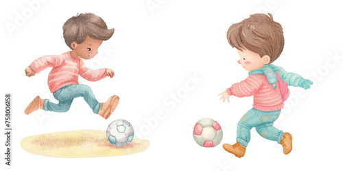 cute kid play soccer football watercolor vector illustration