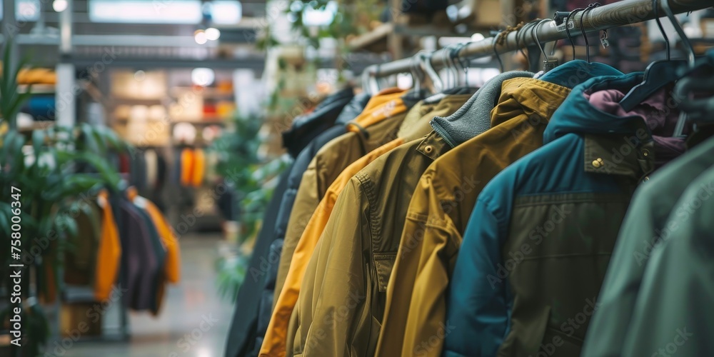 A rack of jackets in a store with a green plant in the background