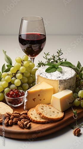 Wine and Cheese Pairing: Elegant scene with wine and cheese served with fruits and nuts on white background.