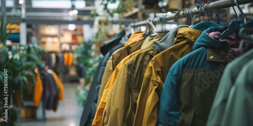 A rack of jackets in a store with a green plant in the background