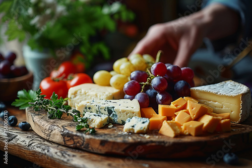 Cheese plate: assortment of cheese served with fruits and nuts on wooden board.