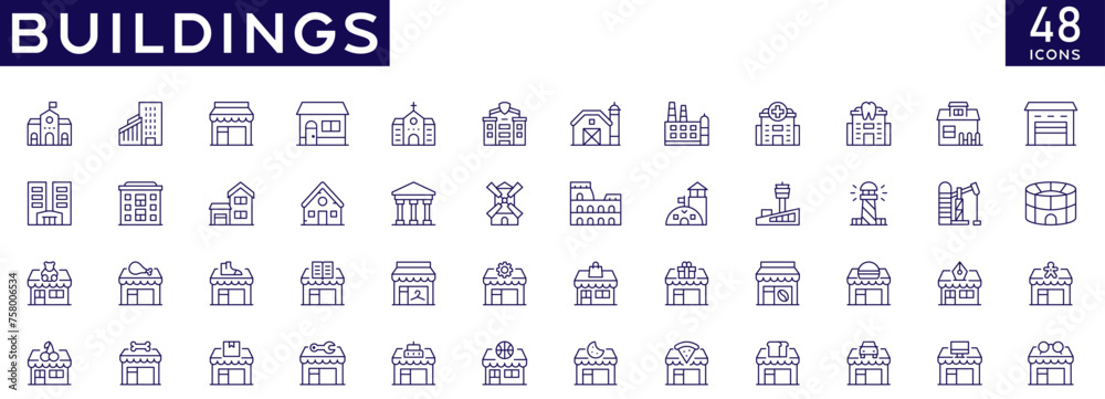 Building icons set with fully editable stroke thin line vector illustration with home, apartment, industrial building, school, store, church, exterior, construction, office, bank, hospital, hotel