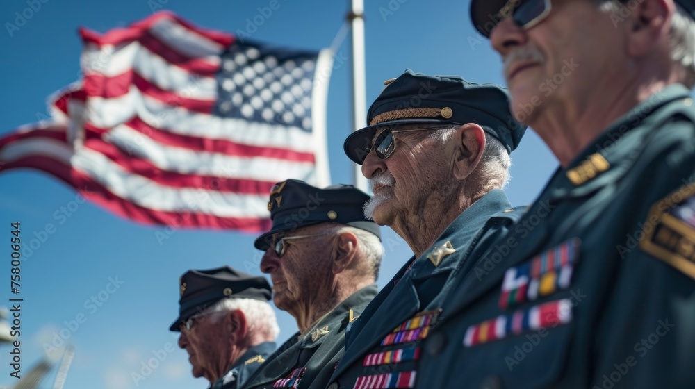 The US navy veterans against the backdrop of an American flag on a flagpole The US navy veterans against the backdrop of an American flag on a flagpole