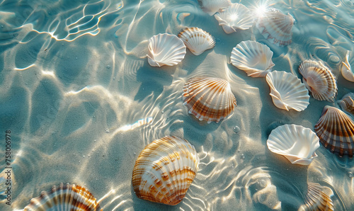 Seashells in clear sea water on a sandy beach in the sunshine. Summer and travel concept banner.