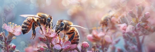 Pair of bees pollinating flowers against a soft pastel garden, emphasizing essential roles and equality.