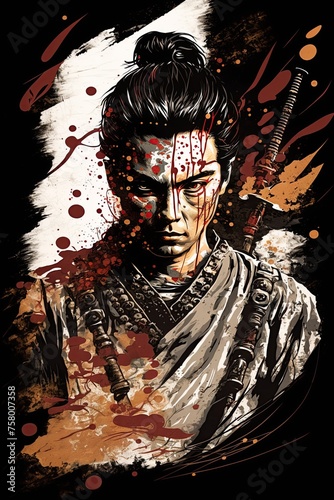 Japanese Samurai warrior illustrated poster design. Ai Generative