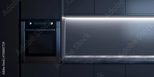 A black oven with a light above it