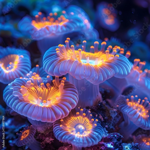 A colorful coral reef with a blue and orange sea anemone. The anemone is surrounded by other sea creatures and has a unique appearance