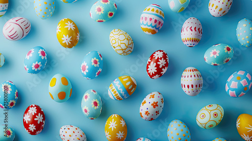 colorful easter eggs with handpainted patterns on blue background