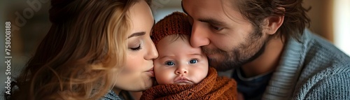 A man and a woman are kissing a baby. The baby is wrapped in a brown blanket. Scene is warm and loving