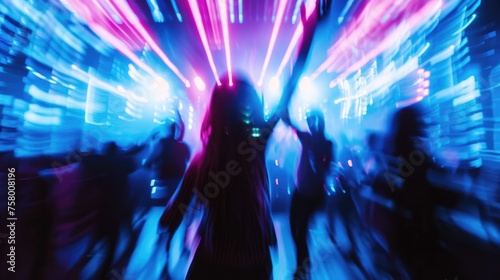 Blurred background, happy student people dancing in disco club. Nightlife concept.