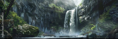 Waterfall hides the entrance to a secret cave - Water's force and the mist create a natural veil, challenging adventurers hidden path behind the cascade created with Generative AI Technology © Sentoriak