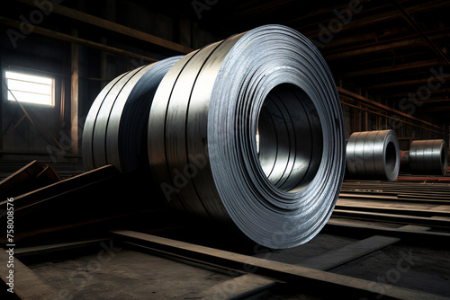 large metal coils at a manufacturing plant, showcasing the production of steel sheets