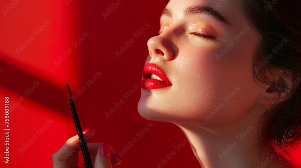 Fototapeta premium The makeup artist applies powder and blush. A beautiful woman faces. A make-up master puts blush on the cheeks of a beauty model girl. Make-up is in process. beautiful woman on red background