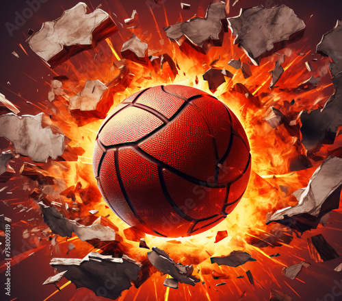 3D Basketball Ball Background with Cracked Wall © ChinnishaArts