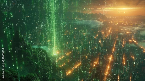 Green matrix code Showing on dark screen technology background