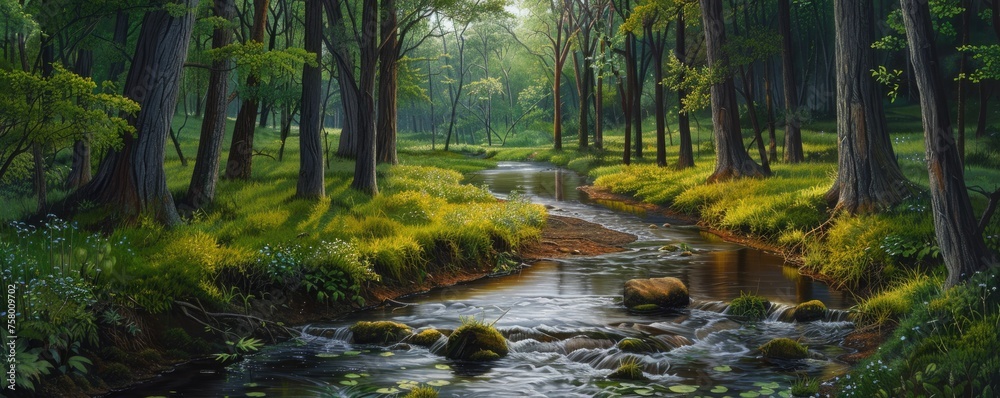 A forest creek meanders through lush woods, its gentle waters a picturesque haven within an enchanted woodland. A forest creek meanders through lush woods, its gentle waters a picturesque haven within an enchanted woodland.