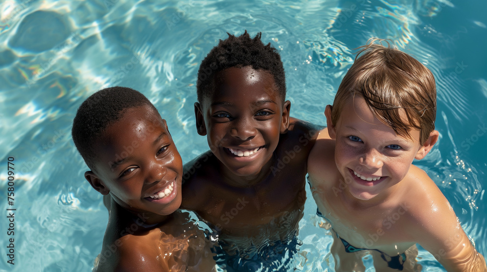 Boys of diverse ethnic backgrounds joyfully swim together in the pool, embracing unity and celebrating their cultural diversity. Boys of diverse ethnic backgrounds joyfully swim together in the pool, embracing unity and celebrating their cultural diversity.